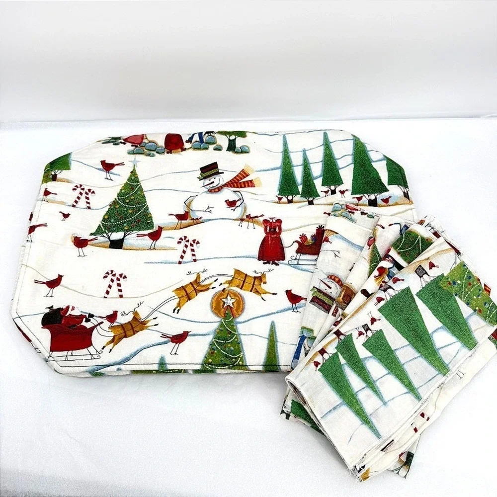 Placemats & Napkins SET of 4 Christmas Winter Scene Red Green Whimsical